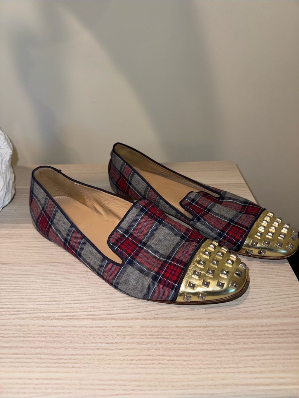 J. Crew Plaid Studded Cap-Toe Flats - Red, Gray, Gold - Picture 3 of 5